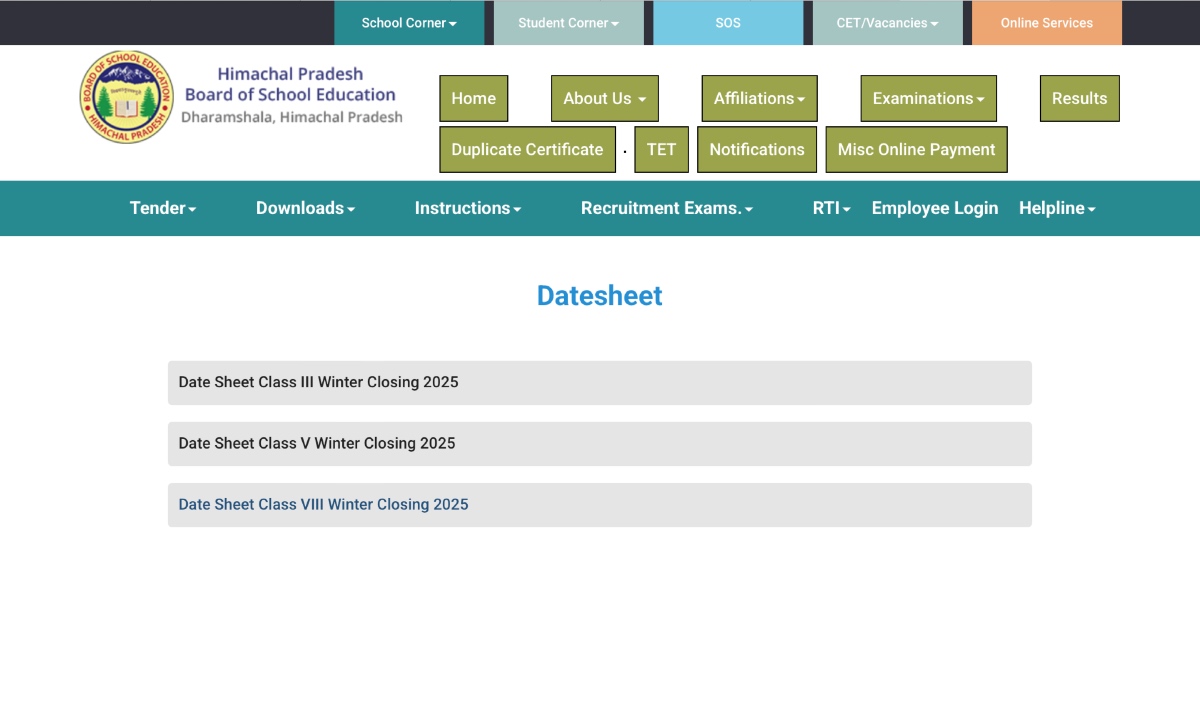 HPBOSE Winter Datesheet