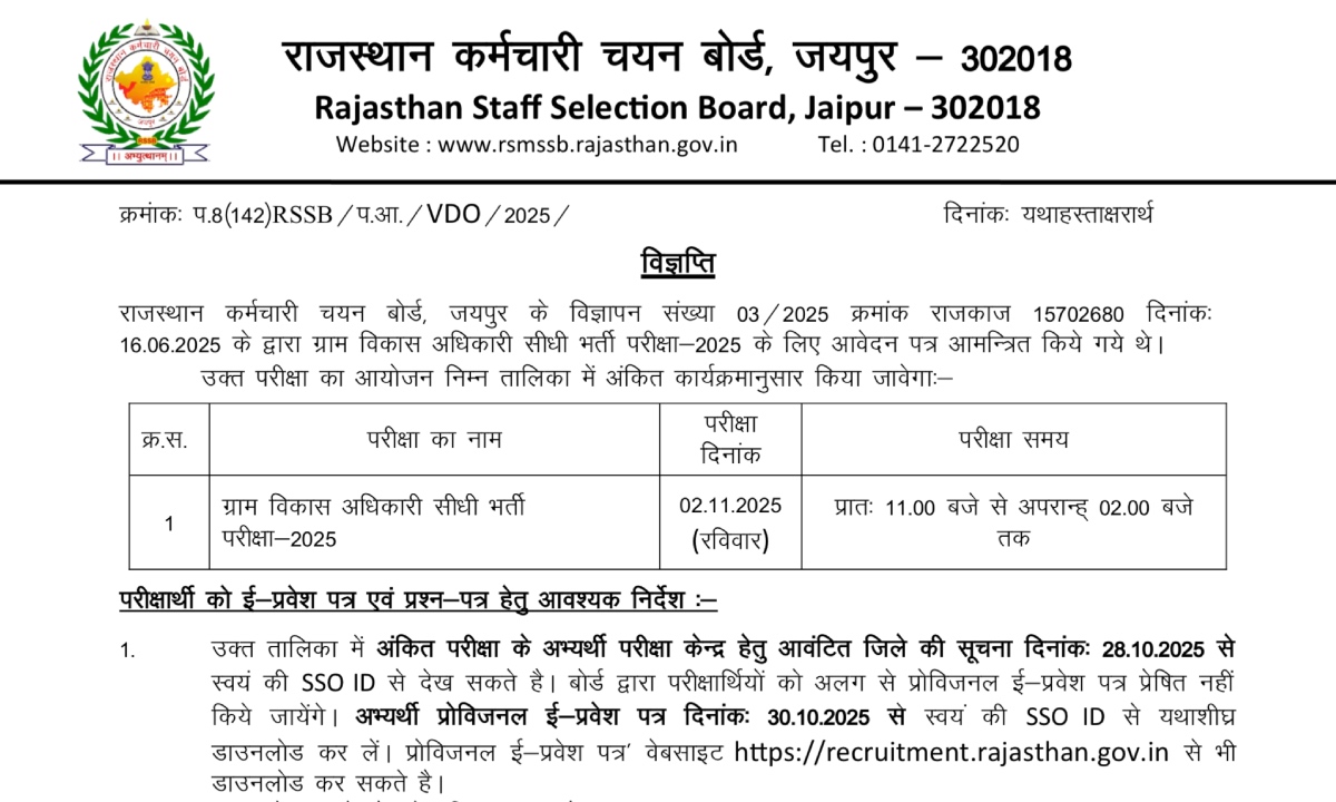 RSSB VDO Admit Card