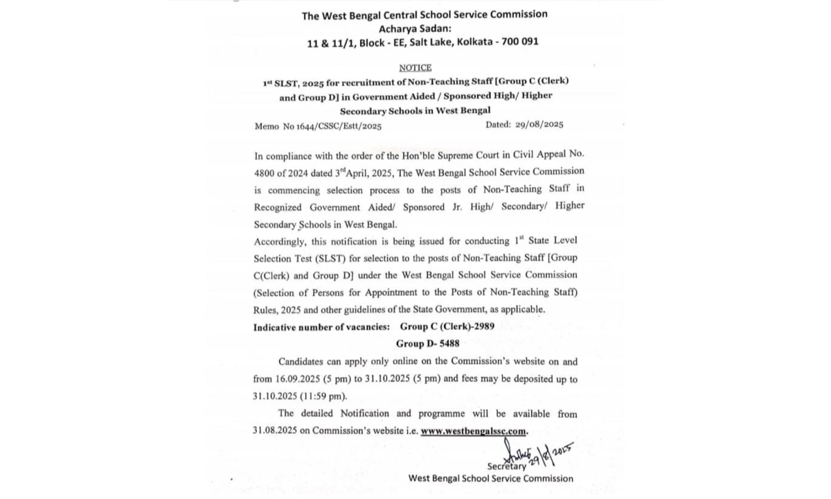 WBSSC Group C And D Recruitment 2025 Notification